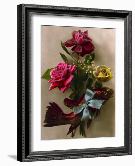 Roses and a Gift-Wrapped Fish C.1898 (Hand-Tinted Photo)-French School-Framed Giclee Print