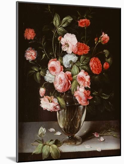 Roses and Carnations in a Glass Vase on a Stone Ledge-Ambrosius Brueghel-Mounted Giclee Print