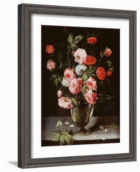 Roses and Carnations in a Glass Vase on a Stone Ledge-Ambrosius Brueghel-Framed Giclee Print