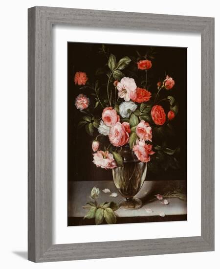 Roses and Carnations in a Glass Vase on a Stone Ledge-Ambrosius Brueghel-Framed Giclee Print