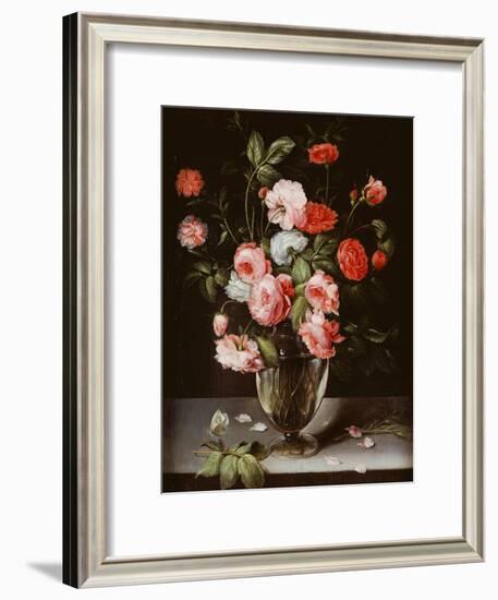 Roses and Carnations in a Glass Vase on a Stone Ledge-Ambrosius Brueghel-Framed Giclee Print