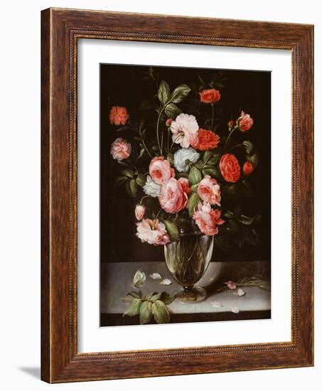Roses and Carnations in a Glass Vase on a Stone Ledge-Ambrosius Brueghel-Framed Giclee Print
