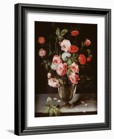 Roses and Carnations in a Glass Vase on a Stone Ledge-Ambrosius Brueghel-Framed Giclee Print