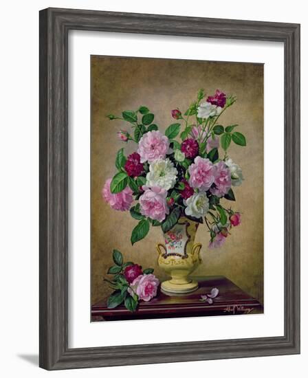 Roses and Dahlias in a Ceramic Vase-Albert Williams-Framed Giclee Print