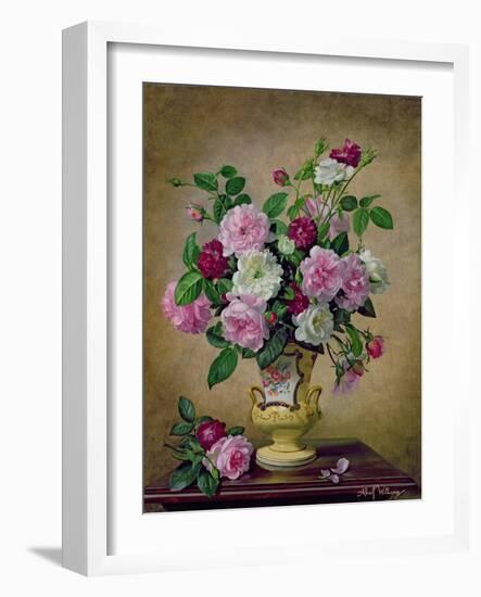 Roses and Dahlias in a Ceramic Vase-Albert Williams-Framed Giclee Print