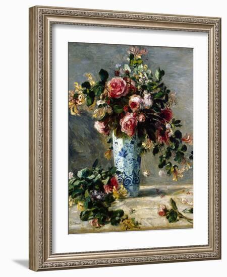 Roses and Jasmine in a Delft Vase, 1880-1881-Pierre-Auguste Renoir-Framed Premium Giclee Print