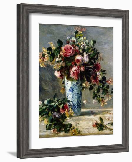 Roses and Jasmine in a Delft Vase, 1880-1881-Pierre-Auguste Renoir-Framed Premium Giclee Print