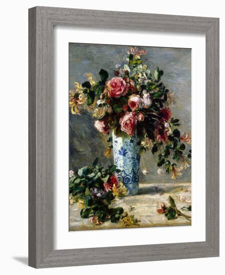 Roses and Jasmine in a Delft Vase, 1880-1881-Pierre-Auguste Renoir-Framed Premium Giclee Print