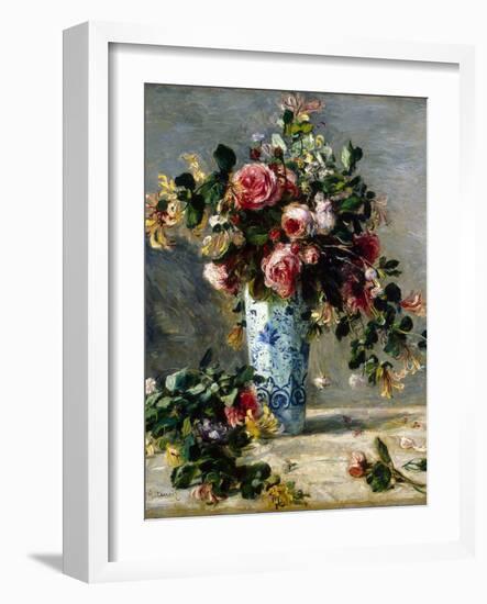 Roses and Jasmine in a Delft Vase, 1880-1881-Pierre-Auguste Renoir-Framed Premium Giclee Print