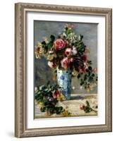 Roses and Jasmine in a Delft Vase, 1880-1881-Pierre-Auguste Renoir-Framed Giclee Print
