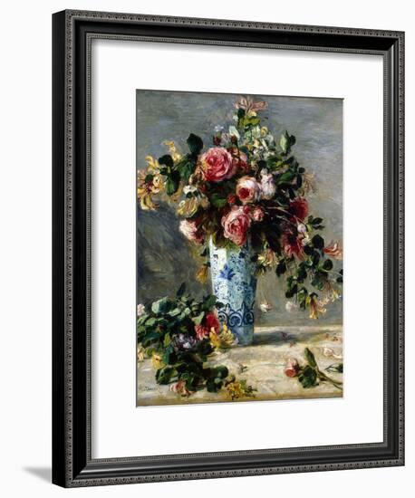 Roses and Jasmine in a Delft Vase, 1880-1881-Pierre-Auguste Renoir-Framed Giclee Print