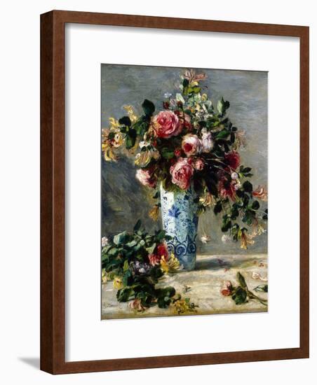 Roses and Jasmine in a Delft Vase, 1880-1881-Pierre-Auguste Renoir-Framed Giclee Print