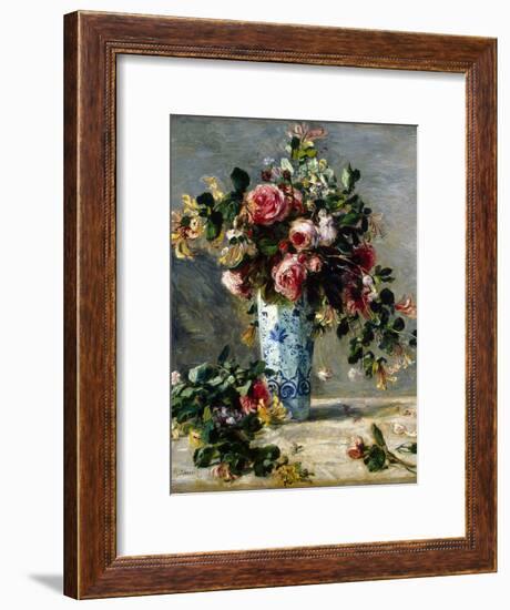 Roses and Jasmine in a Delft Vase, 1880-1881-Pierre-Auguste Renoir-Framed Giclee Print