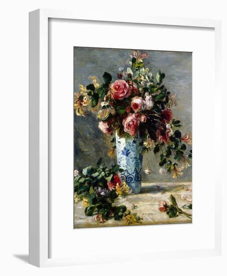 Roses and Jasmine in a Delft Vase, 1880-1881-Pierre-Auguste Renoir-Framed Giclee Print