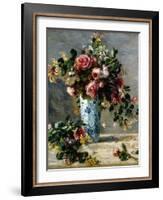 Roses and Jasmine in a Delft Vase, 1880-1881-Pierre-Auguste Renoir-Framed Giclee Print