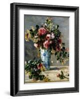 Roses and Jasmine in a Delft Vase, 1880-1881-Pierre-Auguste Renoir-Framed Giclee Print