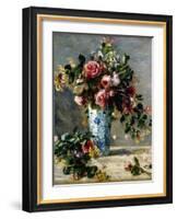 Roses and Jasmine in a Delft Vase, 1880-1881-Pierre-Auguste Renoir-Framed Giclee Print