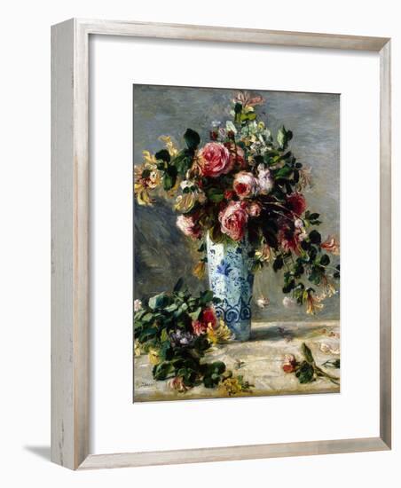 Roses and Jasmine in a Delft Vase, 1880-1881-Pierre-Auguste Renoir-Framed Giclee Print