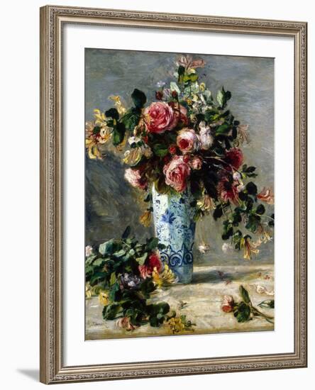 Roses and Jasmine in a Delft Vase, 1880-1881-Pierre-Auguste Renoir-Framed Giclee Print