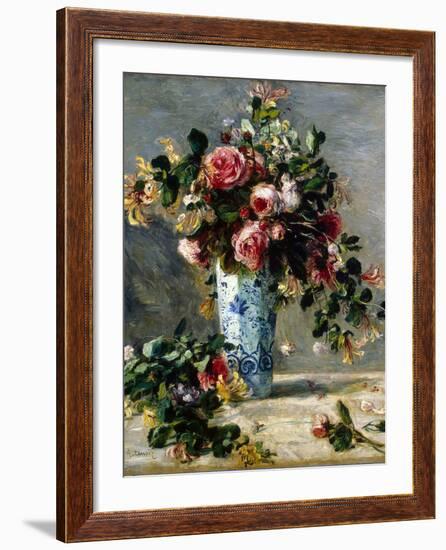 Roses and Jasmine in a Delft Vase, 1880-1881-Pierre-Auguste Renoir-Framed Giclee Print