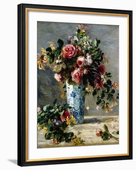 Roses and Jasmine in a Delft Vase, 1880-1881-Pierre-Auguste Renoir-Framed Giclee Print