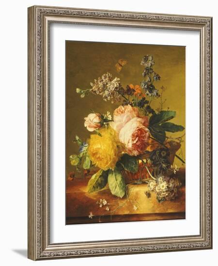 Roses and Other Flowers in a Basket on a Marble Ledge, C.1742-Jan van Huysum-Framed Giclee Print