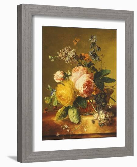 Roses and Other Flowers in a Basket on a Marble Ledge, C.1742-Jan van Huysum-Framed Giclee Print