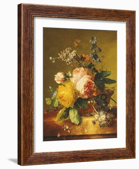 Roses and Other Flowers in a Basket on a Marble Ledge, C.1742-Jan van Huysum-Framed Giclee Print