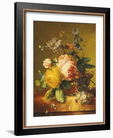 Roses and Other Flowers in a Basket on a Marble Ledge, C.1742-Jan van Huysum-Framed Giclee Print