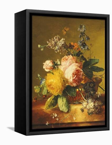 Roses and Other Flowers in a Basket on a Marble Ledge, C.1742-Jan van Huysum-Framed Premier Image Canvas