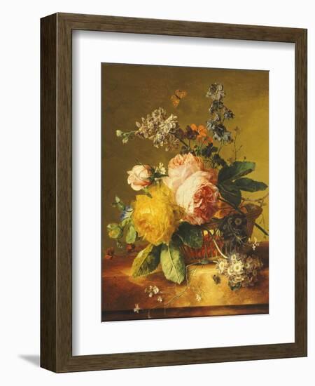 Roses and Other Flowers in a Basket on a Marble Ledge, C.1742-Jan van Huysum-Framed Giclee Print