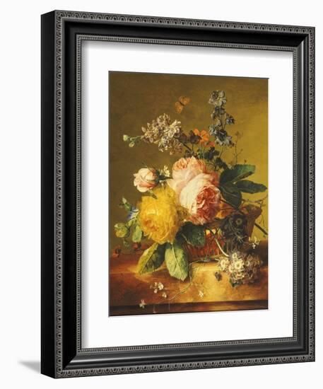 Roses and Other Flowers in a Basket on a Marble Ledge, C.1742-Jan van Huysum-Framed Giclee Print