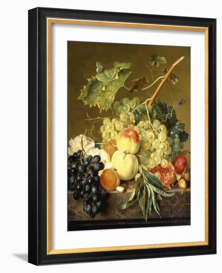 Roses and other Flowers in a Basket on a Marble Ledge-Jan van Huysum-Framed Giclee Print