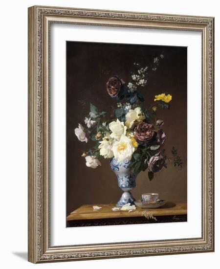 Roses and Other Flowers in a Blue and White Vase and a Teacup on a Ledge, 1876-Francois Rivoire-Framed Giclee Print