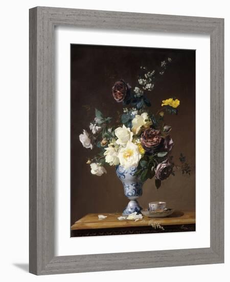 Roses and Other Flowers in a Blue and White Vase and a Teacup on a Ledge, 1876-Francois Rivoire-Framed Giclee Print