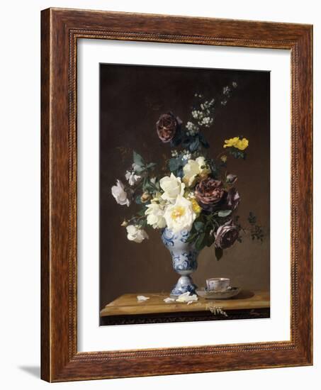 Roses and Other Flowers in a Blue and White Vase and a Teacup on a Ledge, 1876-Francois Rivoire-Framed Giclee Print