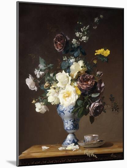 Roses and Other Flowers in a Blue and White Vase and a Teacup on a Ledge, 1876-Francois Rivoire-Mounted Giclee Print