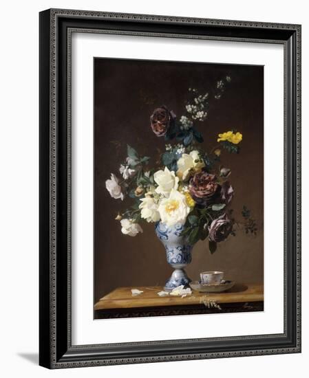 Roses and Other Flowers in a Blue and White Vase and a Teacup on a Ledge, 1876-Francois Rivoire-Framed Giclee Print