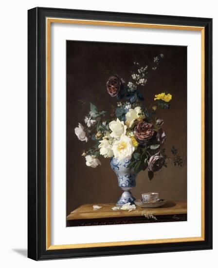Roses and Other Flowers in a Blue and White Vase and a Teacup on a Ledge, 1876-Francois Rivoire-Framed Giclee Print