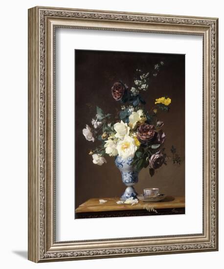 Roses and Other Flowers in a Blue and White Vase and a Teacup on a Ledge, 1876-Francois Rivoire-Framed Giclee Print