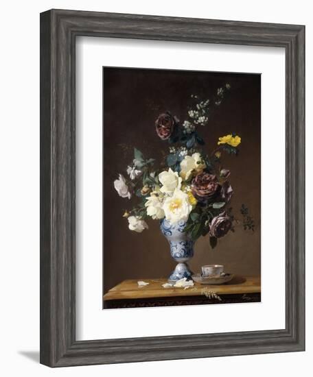 Roses and Other Flowers in a Blue and White Vase and a Teacup on a Ledge, 1876-Francois Rivoire-Framed Giclee Print