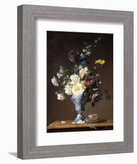 Roses and Other Flowers in a Blue and White Vase and a Teacup on a Ledge, 1876-Francois Rivoire-Framed Giclee Print