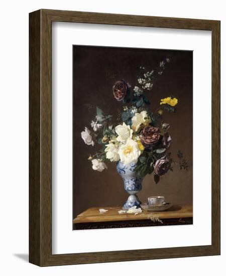 Roses and Other Flowers in a Blue and White Vase and a Teacup on a Ledge, 1876-Francois Rivoire-Framed Giclee Print