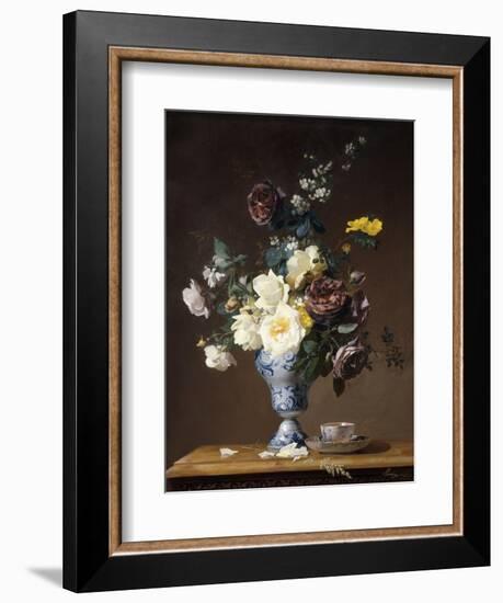 Roses and Other Flowers in a Blue and White Vase and a Teacup on a Ledge, 1876-Francois Rivoire-Framed Giclee Print