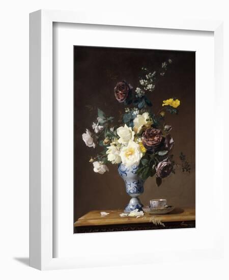 Roses and Other Flowers in a Blue and White Vase and a Teacup on a Ledge, 1876-Francois Rivoire-Framed Giclee Print