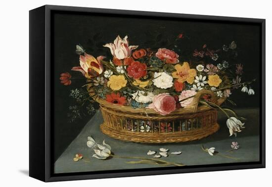 Roses and Other Flowers in a Wicker Basket on a Table-George Wesley Bellows-Framed Premier Image Canvas