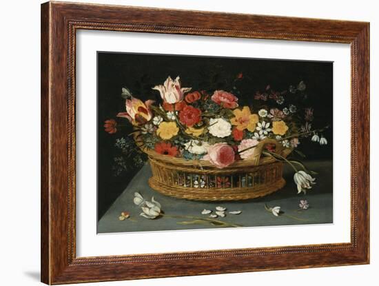 Roses and Other Flowers in a Wicker Basket on a Table-George Wesley Bellows-Framed Giclee Print