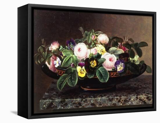 Roses and Pansies in a Greek Kylix-Johan Laurentz Jensen-Framed Premier Image Canvas