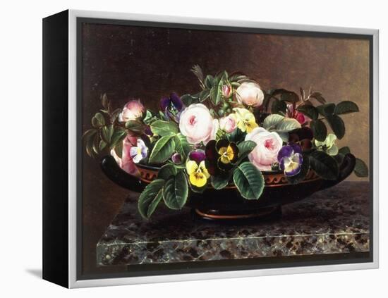 Roses and Pansies in a Greek Kylix-Johan Laurentz Jensen-Framed Premier Image Canvas
