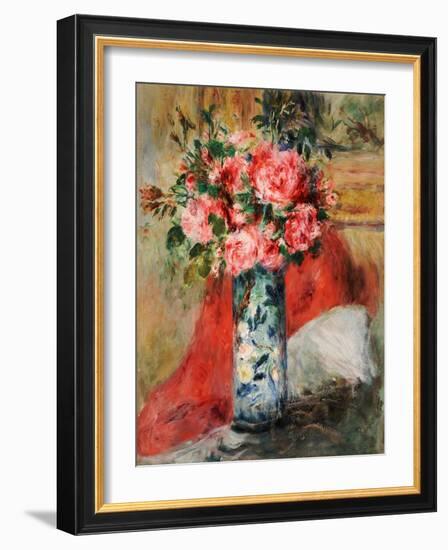 Roses and Peonies in a Vase, 1876 (Oil on Canvas)-Pierre Auguste Renoir-Framed Giclee Print